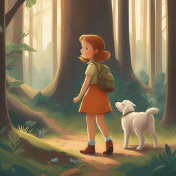 A detailed illustration showcasing a new scene from the storybook, where the little girl and her pet dog are exploring a forest