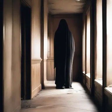 As the protagonist turned the corner, they saw a ghostly figure leaning against the rusted railing in the dimly lit hallway.