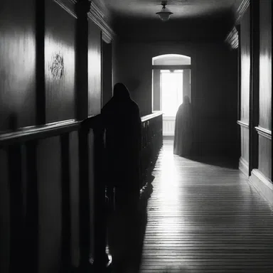 As the protagonist turned the corner, they saw a ghostly figure leaning against the rusted railing in the dimly lit hallway.