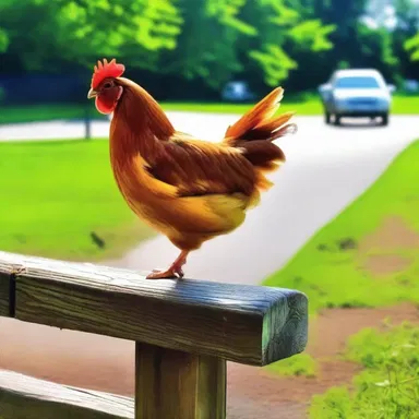 Why did the chicken cross the road? To prove to the squirrel that it wasn't afraid of heights, even on a narrow railing!
