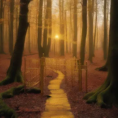 In the enchanted forest, the fairies used golden railings to create a magical pathway through the trees.