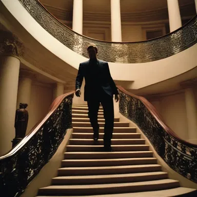 In the thrilling action movie, the protagonist slid down the railings of a grand staircase during an intense chase scene.