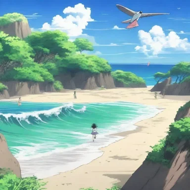 The anime series features a scene where the characters fly through the onshore gusts to reach the hidden beach.