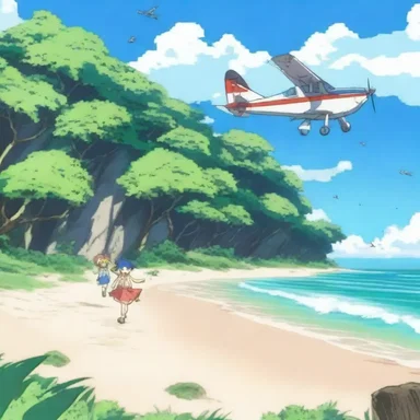 The anime series features a scene where the characters fly through the onshore gusts to reach the hidden beach.