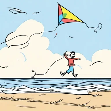 The cartoon depicted a comical scenario where a character tries to fly a kite but is continuously hindered by strong onshore winds.