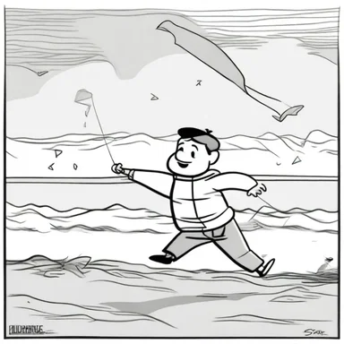 The cartoon depicted a comical scenario where a character tries to fly a kite but is continuously hindered by strong onshore winds.