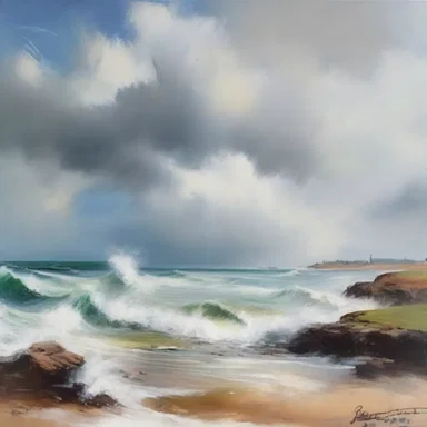 The artist's painting beautifully captures the forceful onshore winds, creating a sense of movement and energy in the seascape.