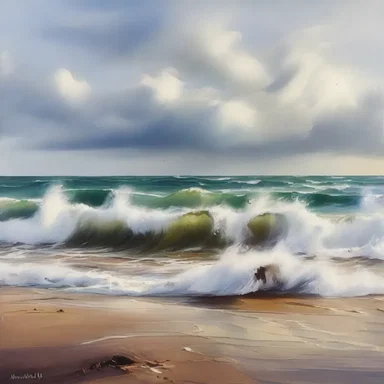 The artist's painting beautifully captures the forceful onshore winds, creating a sense of movement and energy in the seascape.