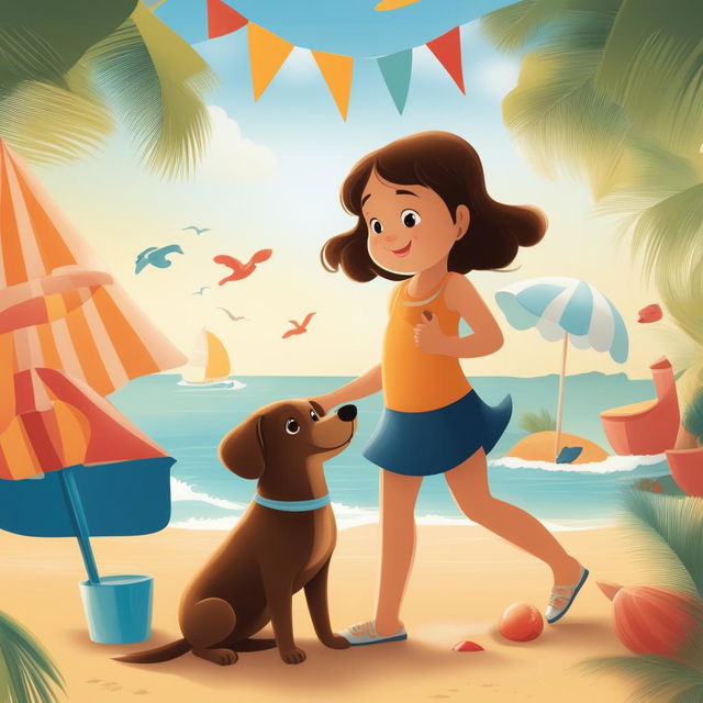 An illustration depicting a new scene from the storybook, featuring the little girl and her pet dog enjoying a day at the beach