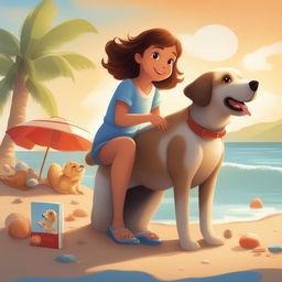 An illustration depicting a new scene from the storybook, featuring the little girl and her pet dog enjoying a day at the beach