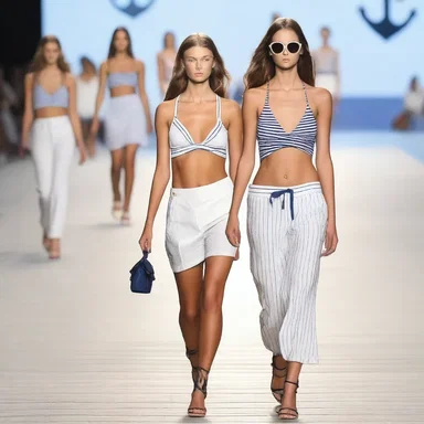 The model walked down the runway in an onshore inspired outfit, featuring nautical stripes and anchor accessories.