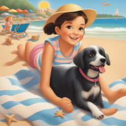 An illustration depicting a new scene from the storybook, featuring the little girl and her pet dog enjoying a day at the beach