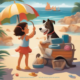 An illustration depicting a new scene from the storybook, featuring the little girl and her pet dog enjoying a day at the beach