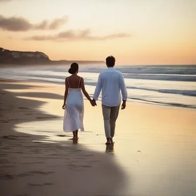The couple enjoyed a romantic sunset stroll on the onshore beach, hand in hand.