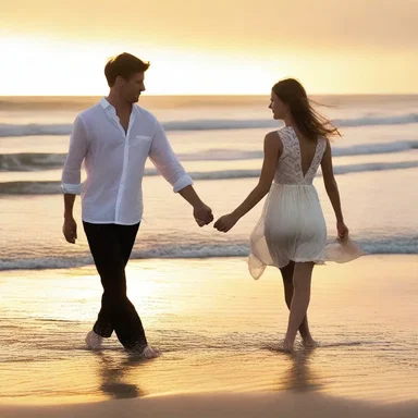 The couple enjoyed a romantic sunset stroll on the onshore beach, hand in hand.