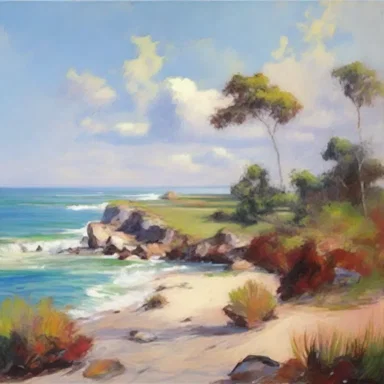 The painter captured the beauty of the onshore landscape with vibrant colors and brushstrokes.
