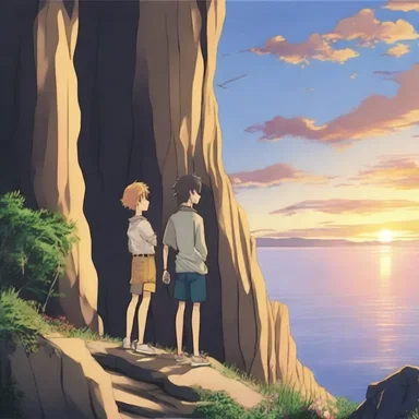 In the anime series, the main characters often meet at the onshore cliffs to watch the sunset and reflect on their adventures.
