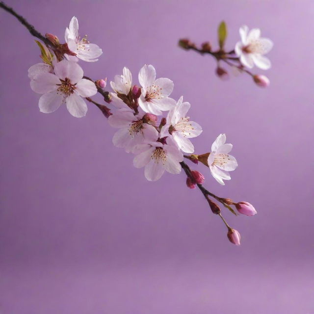 An elegant, clear 3D image of cherry blossoms against a gradient purple background. Ensure the image achieves 8k resolution for high detail.