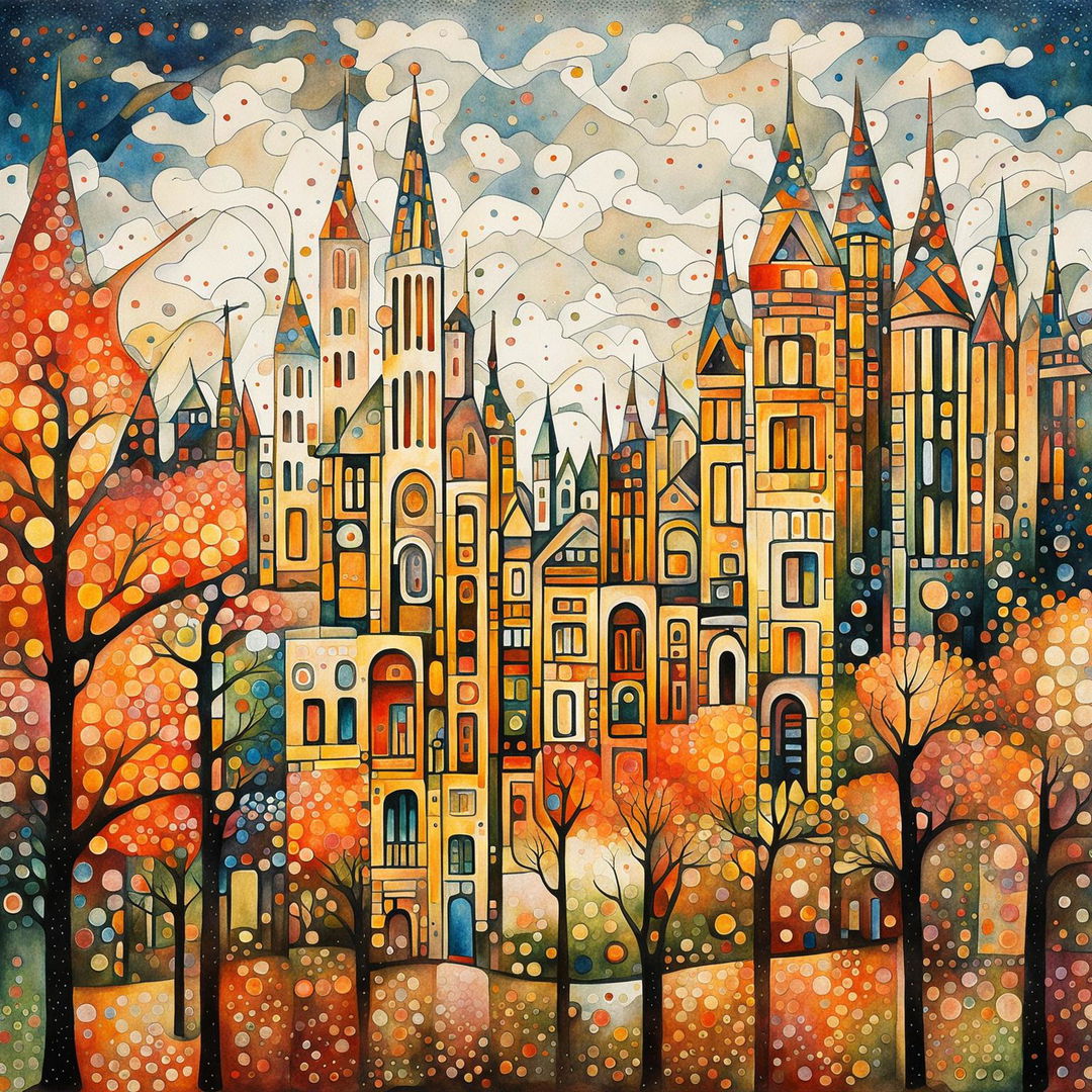 Impressionist pointillist watercolour painting in cubist style with blurry brushstrokes of a large Antonio Gaudi-inspired cityscape in autumn colours.