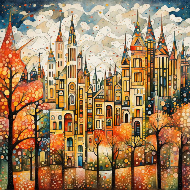 Impressionist pointillist watercolour painting in cubist style with blurry brushstrokes of a large Antonio Gaudi-inspired cityscape in autumn colours.