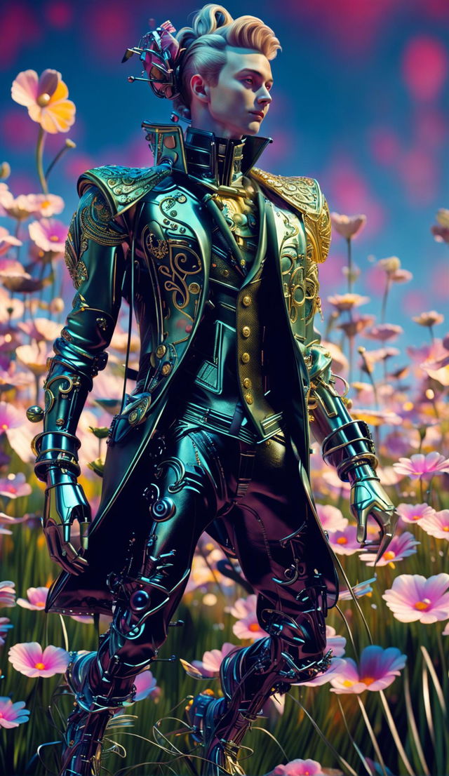 Hyper-realistic 3D image of a handsome, rococo cyberpunk robotic man in a vibrant, mythical meadow. He is adorned in a blend of rococo and cyberpunk attire, surrounded by luminescent creatures and flowers. The image is a close-up, showcasing the mechanical aesthetic and eerie beauty of the man.