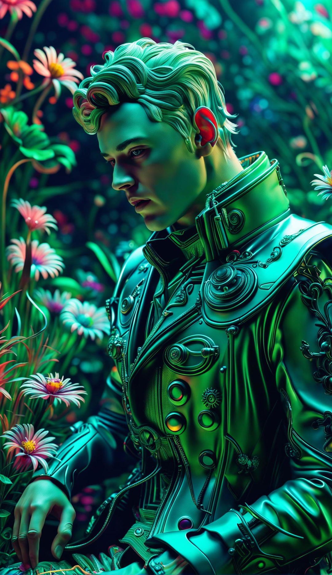 Hyper-realistic 3D image of a handsome, robotic man in rococo cyberpunk attire, situated in a vibrant, mythical meadow with a mechanical aesthetic.