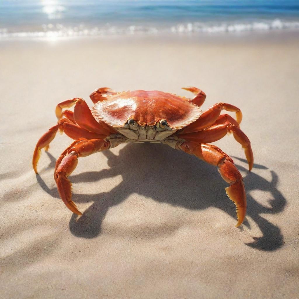 A high-detailed, realistic image of a crab on a sandy beach under a piercingly bright sun.