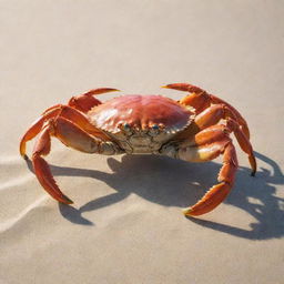 A high-detailed, realistic image of a crab on a sandy beach under a piercingly bright sun.