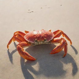 A high-detailed, realistic image of a crab on a sandy beach under a piercingly bright sun.