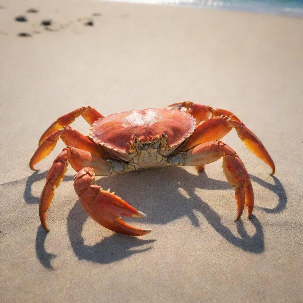 A high-detailed, realistic image of a crab on a sandy beach under a piercingly bright sun.