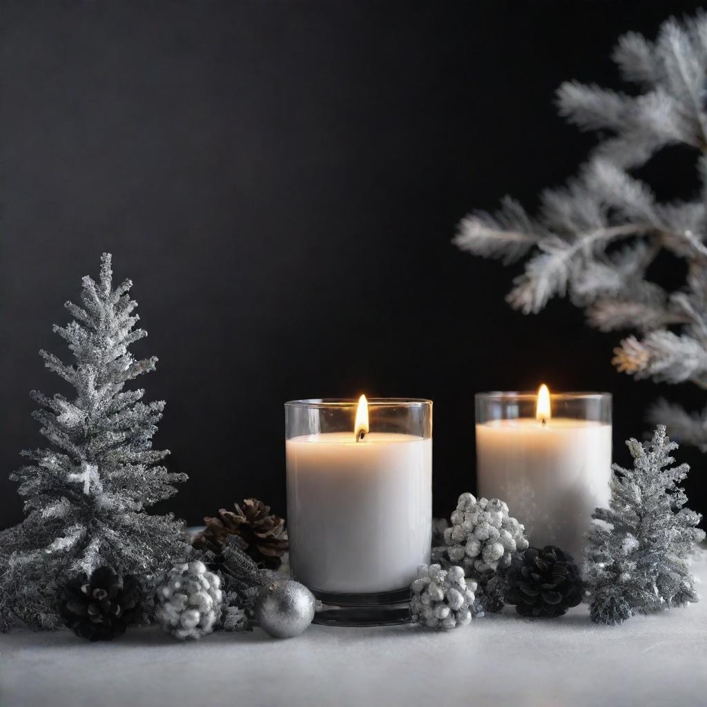 A 4D, 8k resolution indoor image depicting winter scents, combining black and silver colors with winter seasonal decorations.