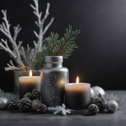 A 4D, 8k resolution indoor image depicting winter scents, combining black and silver colors with winter seasonal decorations.