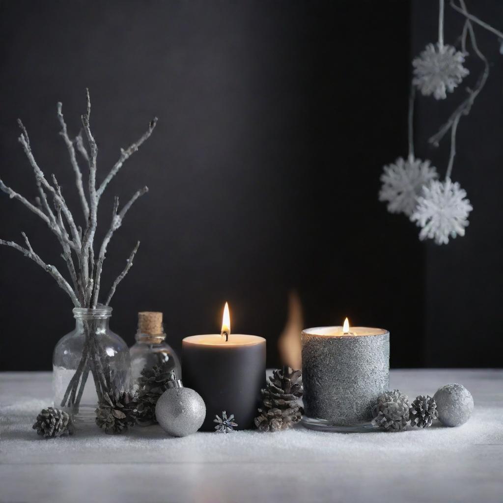 A 4D, 8k resolution indoor image depicting winter scents, combining black and silver colors with winter seasonal decorations.