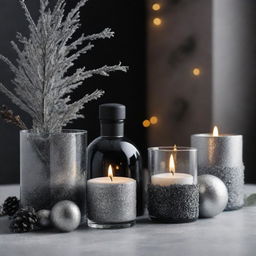 A 4D, 8k resolution indoor image depicting winter scents, combining black and silver colors with winter seasonal decorations.