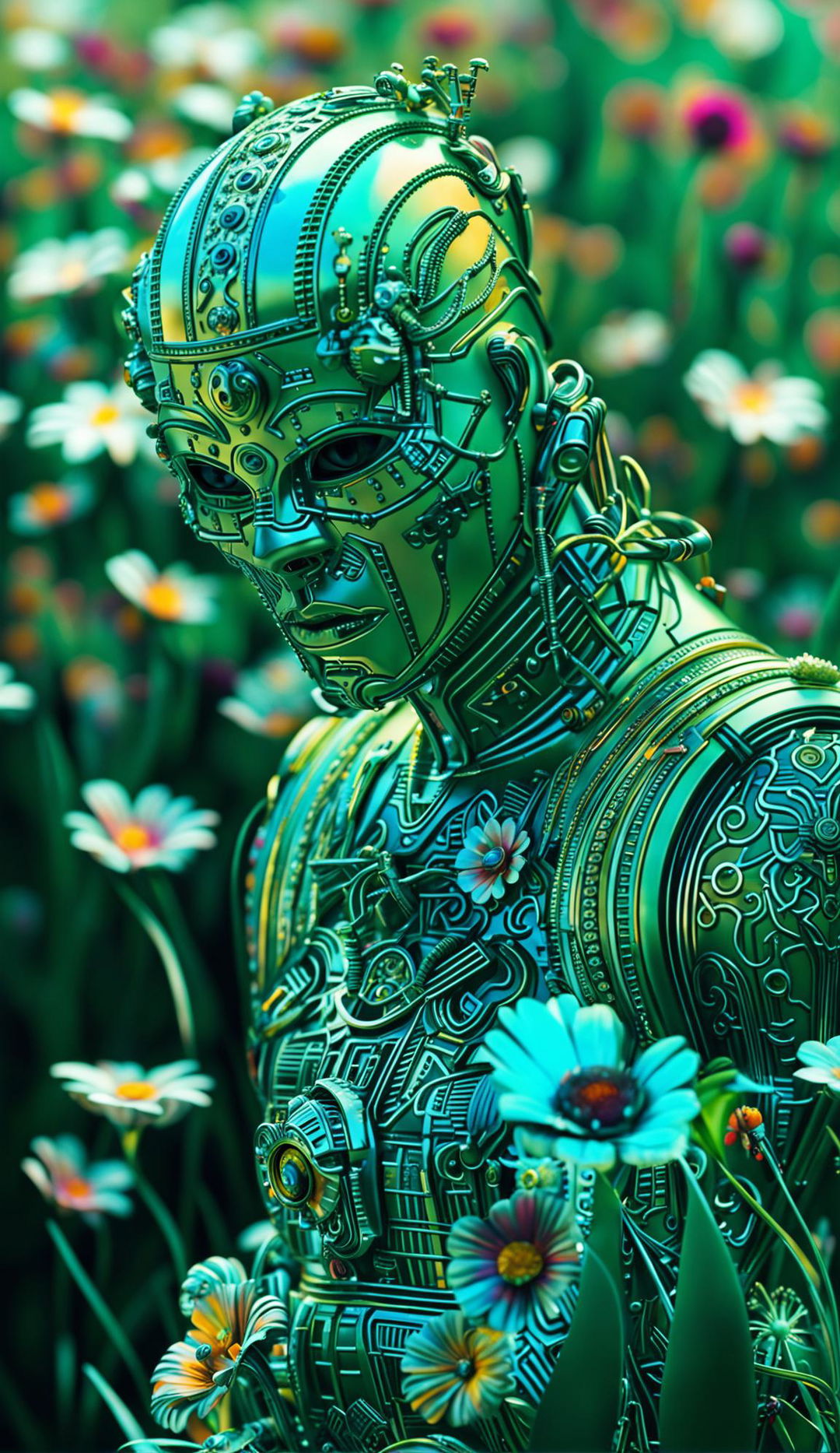 Hyper-realistic 3D image of a rococo cyberpunk robotic man in a vibrant, mythical meadow filled with mechanical flowers. The scene is eerie yet beautiful, with a strong fantasy vibe and a mechanical aesthetic.