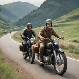 Two adventurers touring on a vintage motorbike, with lush scenery whizzing by.