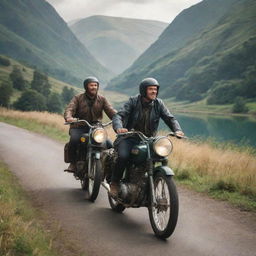 Two adventurers touring on a vintage motorbike, with lush scenery whizzing by.