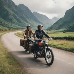 Two adventurers touring on a vintage motorbike, with lush scenery whizzing by.