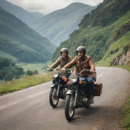 Two adventurers touring on a vintage motorbike, with lush scenery whizzing by.