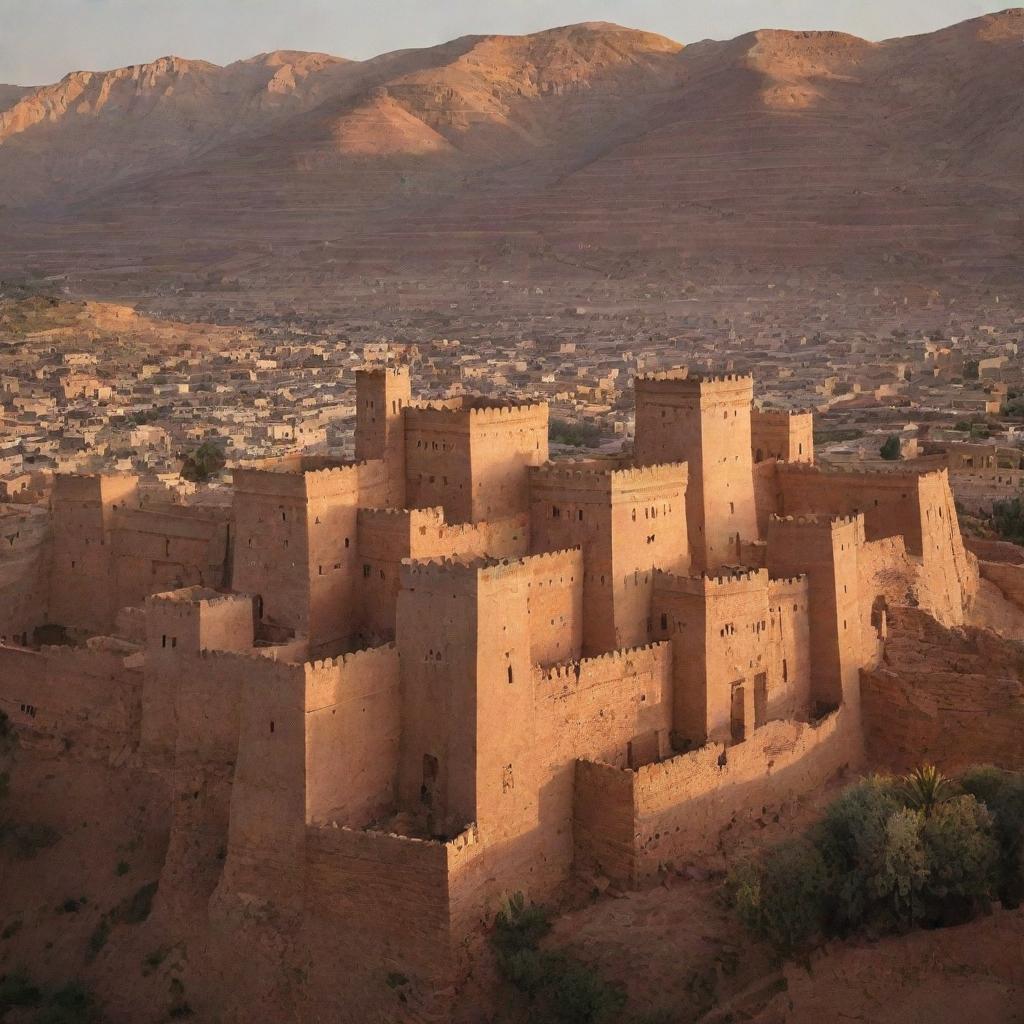 A breathtaking view of the Kasbah of Taznakht, Morocco. The fortified village is bathed in the glow of the setting sun, with its ancient brick walls, narrow alleys, and bustling local life.