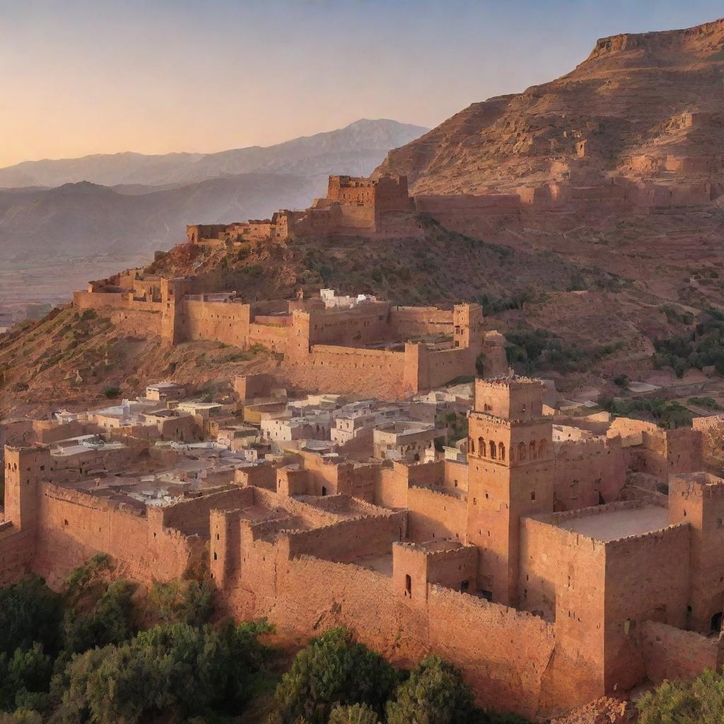 A breathtaking view of the Kasbah of Taznakht, Morocco. The fortified village is bathed in the glow of the setting sun, with its ancient brick walls, narrow alleys, and bustling local life.