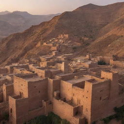 A breathtaking view of the Kasbah of Taznakht, Morocco. The fortified village is bathed in the glow of the setting sun, with its ancient brick walls, narrow alleys, and bustling local life.