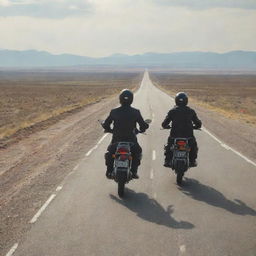 A scenic image of two people on a single touring motorbike. They are equipped with touring gear, with an expansive open road stretching into the horizon.