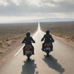 A scenic image of two people on a single touring motorbike. They are equipped with touring gear, with an expansive open road stretching into the horizon.