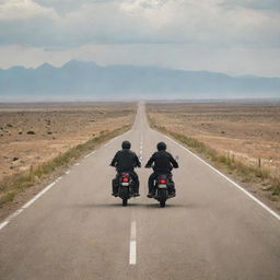 A scenic image of two people on a single touring motorbike. They are equipped with touring gear, with an expansive open road stretching into the horizon.