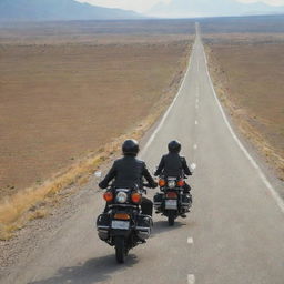 A scenic image of two people on a single touring motorbike. They are equipped with touring gear, with an expansive open road stretching into the horizon.