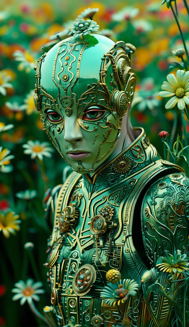 Hyper-realistic 3D image of a rococo cyberpunk robotic man in a vibrant, mythical meadow filled with mechanical flowers. The scene is eerie yet beautiful, with a strong fantasy vibe and a mechanical aesthetic.