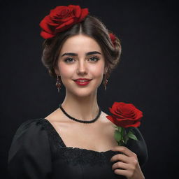 A 3D, 8k resolution image of an attractive girl dressed in deep black, royal Spanish style clothing. She's holding a red rose in her right hand and her expression indicates she's showing something.