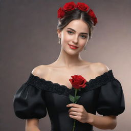 A 3D, 8k resolution image of an attractive girl dressed in deep black, royal Spanish style clothing. She's holding a red rose in her right hand and her expression indicates she's showing something.