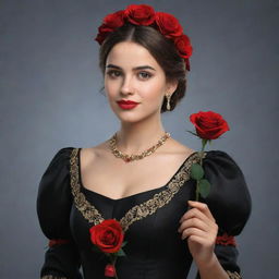 A 3D, 8k resolution image of an attractive girl dressed in deep black, royal Spanish style clothing. She's holding a red rose in her right hand and her expression indicates she's showing something.